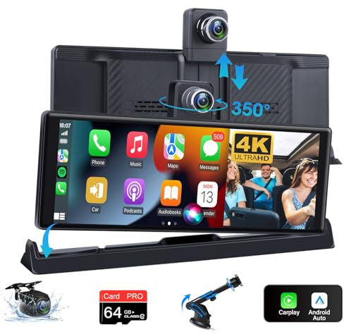 4K Carplay Display mit 350° Drehen Dashcam Auto Vorne, 10,26 Zoll Carplay Display Android Auto Display mit Stabile Buddy Display Halterung Bluetooth Mirror Link Siri G-oogle 64G TF-Karte