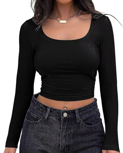 Runmeihe Tee Shirt Manche Longue Femme, U-Neck Tricot Côtelé Haut Basique Top (FR/ES, Alpha/Lettres, TG, Taille Normale, Taille Normale, Square Neck-Black, Crop Top)