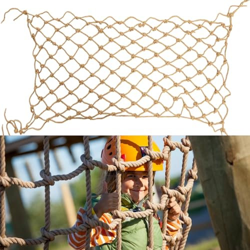 Jute Hemp Rope Net (4ftx8ft), Heavy Duty Natural Climbing Safety Rope Netting Balcony Stairs Fence Garden Playground Protection Net Indoor & Outdoor Decor Rope Net