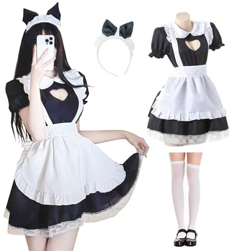 MeYuxg Dienstmädchen Kleid Dienstmädchen Outfit Hohle Herzform Anime Französisch Dienstmädchen Kleid Niedliches Dienstmädchen Cosplay Kleid Schwarzes Dienstmädchen Kostüm mit Strümpfen und Stirnband