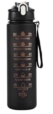 Xingdianfu Gourde de 800 ml avec paille, anti-fuite, marqueur de temps, pour le sport, le fitness, l'école, le yoga, l'extérieur, noire