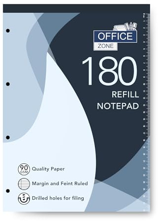 A4 Refill Notepad180-Pages – Premium 90 GSM Feint Ruled Paper with Margin – Hole Punched for Easy Filing – Smooth Writing No Ink Bleed – Ideal for Office School Business – Pack of 1/3/5 (1)