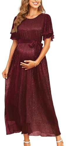 AISWI 2025 Umstandskleid mit glitzerndem Netzstoff, fließendes Maxikleid mit Gürtel, Rüschenärmel, langes Kleid, Babyparty, Fotoshooting, formell, Weinrot, Mittel