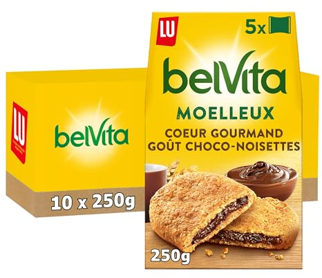 LU BELVITA - 10 Boîtes de 5 Sachets de Biscuits Belvita Moelleux Fourrage Chocolat Noisette et 5 Céréales Complètes - Biscuits Petit Déjeuner Gourmands et Pratiques à Emporter - Lot de 10x250g
