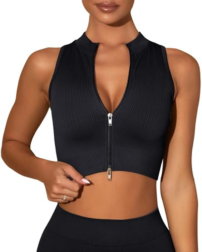 SEAUR Dam sport crop top ärmlös dragkedja linne tight kort topp sömlös ribbad för gym fitness träning S–L, svart, L