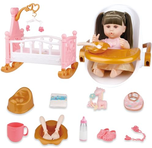 RedCrab Baby Doll Playset, 12 Newborn Doll Feeding and Bed Play Set with Accessories Doll Crib, Feeding Chair, Clothes, Bottle, Potty, Nipple, 2-in-1 Pretends Play Set for 3+ Year Old Kids
