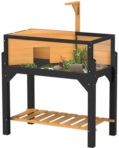 PawHut Casetta in legno per tartarughe con ripiano portaoggetti e finestre trasparenti, habitat con portalampada, parte superiore apribile, vassoio integrato, giallo
