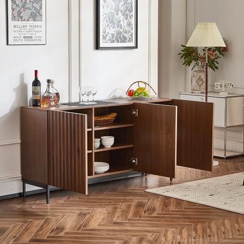 Aparador de roble oscuro veteado, 3 puertas, diseño ondulado en 3D, estantes ajustables, bloqueo antivuelco, elegante almacenamiento para salón, comedor, oficina, 150 x 40 x 80 cm