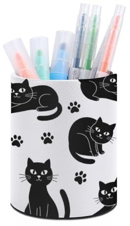 Office Round Pen Holder Cup, PU Leather Desk Storage Container Organizer for Pencils Markers Scissors Stationery Supplies, Black Cat Paw Print Pencil Cup