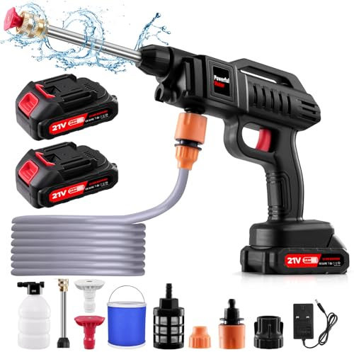 Sararoom 21V Nettoyeur Haute Pression sans Fil, 1500W 60Bar Nettoyeur Haute Pression Portable avec 2.0Ah Batteries, 5m Tuyau, 2 Buses, Connecteur, Seau, Pot en Mousse pour Nettoyer Les Voitures Sol