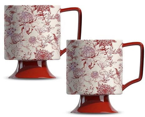 2er-Set 400ml Rot Kaffeebecher Premium Porzellan Kaffeetasse mit hohem Fuß | Trinkbecher mit Henkel Geschenk Keramiktasse Vintage-Blumen-Keramikbecher mit hohem Fuß, Restaurant-Dekoration, Spülmaschine