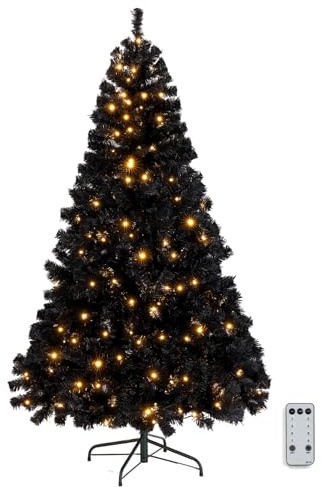 Outopee 6ft Pre-lit Black Artificial Christmas Pine Tree w/Remote Control | 250 Warm White Lights, 8 Lighting Modes, 900 Branch Tips PVC Xmas Tree, Indoor Holiday Decor for Home, Office, Shop