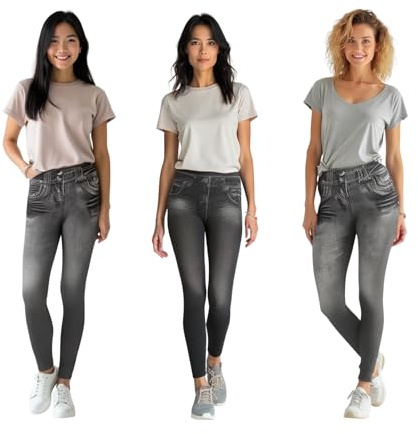 ShopINess Pack de 3 Jeggings Leggings para Mujer Estilo Vaquero Colores Mixtos Gris y Negro Sin Costuras con Fino Forro Polar Interior (S-M, 2 Gris+1 Negro)