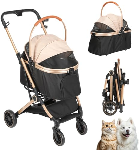 Foldable Pet Stroller - 3 in 1 Dog Cat Pushchair with Storage Basket, Net Window, Cup Holder, 360° Wear-Resistant Rubber Wheels - Travel Carrier for Small Dogs & Cats, Supports Up to 25 Kg, Champagne