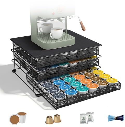 Zvonema Porte Capsule avec 3 Tiroir, Rangement Capsules 108 PCs, Grande Support Dosette Antidérapants avec Surface Anti-Vibration, 35.5cm × 33.5cm × 18cm, Noir