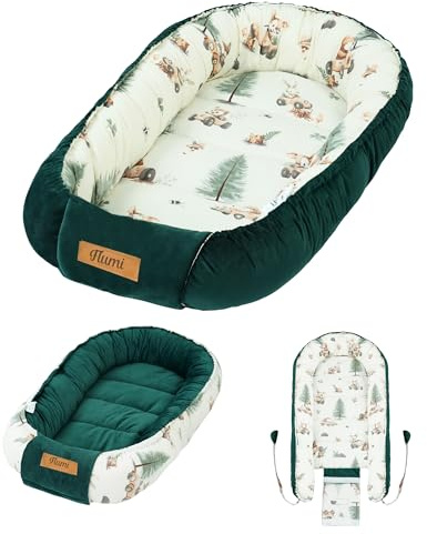 Baby Nest Pod för nyfödda, vändbar babystol 0–12 månader, bomull och sammet spädbarn bo, baby nödvändigheter, personlig babygåva (grön + djur)