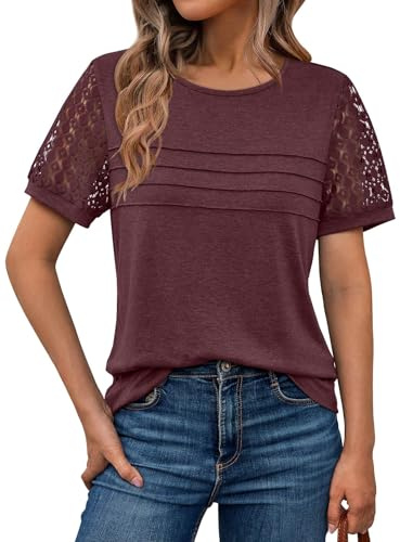 LILLUSORY Womens Tops Summer Lace Short Sleeve Ladies T Shirts UK | Crew Neck,Basic Elegant Tshirts,Business Casual Blouse,Plus Size Tops,Dressy Capsule Wardrobe Clothing 2026,Easy Matching