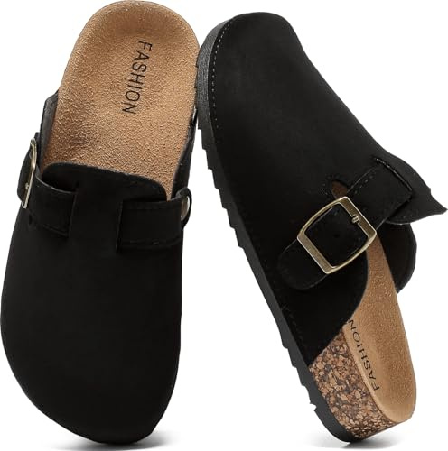 Mules et Sabot Enfant Garçon Fille Liège Boucle Réglable Antidérapantes | en Cuir Chaussons Fermés Plates Confortables Sandales Clog Pantoufles avec Semelles en Liège pour Extérieur et Jardin