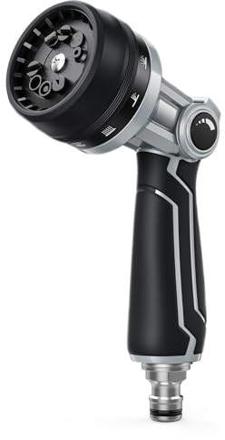 RAINPOINT Hose Pipe Spray Gun, Heavy Duty Metal Garden Hose Spray Gun with 10 Patterns, High Pressure Hose Nozzle with Thumb Flow Control for Watering Plants, Lawns, Cars and Pets Washing, Black
