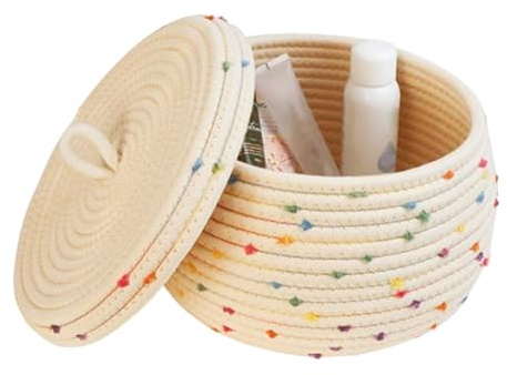 Petits Paniers De Rangement Avec Couvercle, Petit Panier Tissé Rond, Paniers Tissés Colorés, Bacs De Rangement Ronds Décoratifs En Corde De Coton, Panier À Décoratif Avec Pompons Colorés
