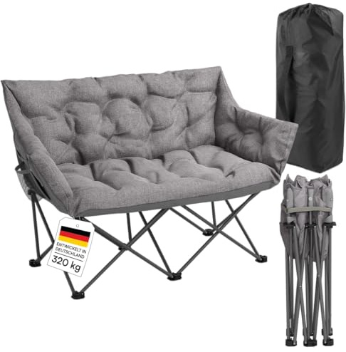 STEELSØN Hoggar Campingstuhl faltbar 2 Personen – Klappstuhl 134cm breit – Camping Sofa mit 2 Seitentaschen & Tragebeutel – Campingcouch 320 kg belastbar – Sitzbank Outdoor - dick gepolstert - grau