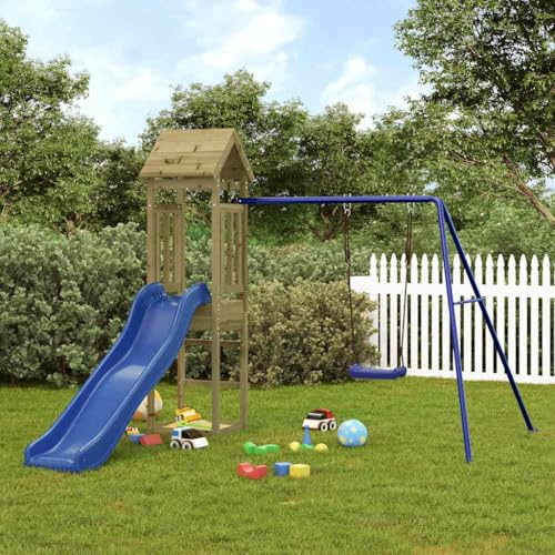 Kaloriko Spielturm aus imprägniertem Kiefernholz mit Schaukel, Wellenrutsche, Sandkasten und Klettergerüst für Kinder im Garten, wetterfestes Outdoor-Spielhaus mit stabilem Gestell und Sitz
