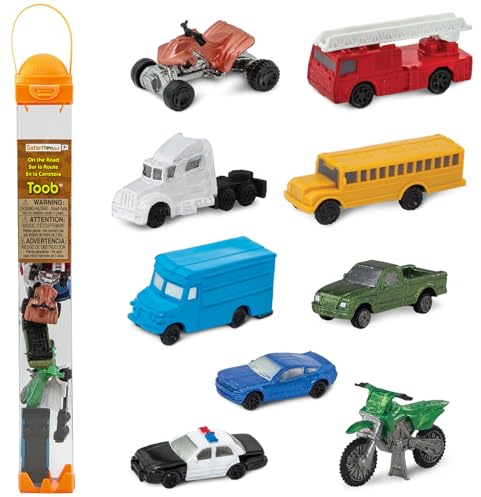 Safari Ltd On the Road TOOB - Figurer: Halvlastbil, motorcykel, polisbil, skolbuss, sportbil, leveranslastbil, pick-up, ATV, brandbil - pedagogiska leksaker för pojkar, flickor och barn i åldrarna 3+