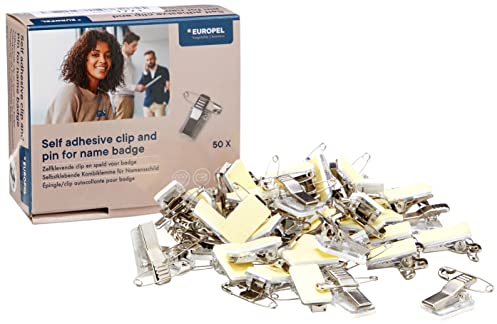 EUROPEL Porte-badge avec Pince Auto-adhésive Crocodile & Épingle, Pince Combinée, Porte-badge & Nom pour École, Collèges, Bureaux & Événements d’Entreprise, Pack de 50, 121266