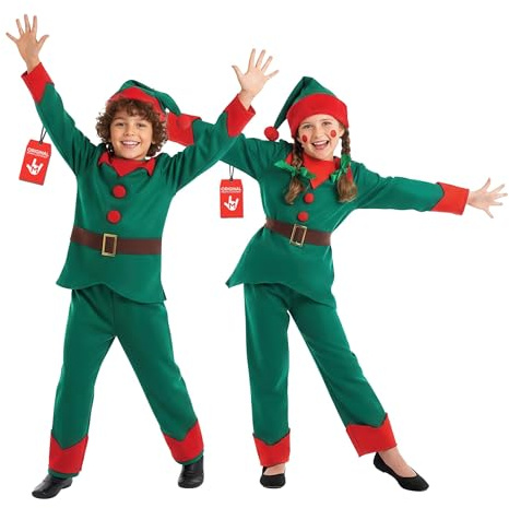 Fun Shack Wichtel Kostüm Kinder, Weihnachtself Halloween Kostüm Kinder, L | Oberteil, Hose, Gürtel & Elfenmütze, Grün-rotes Design, Perfekt für Halloween, Ideal für Rollenspiele