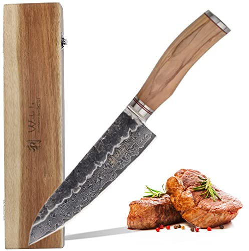 Wakoli Olive Santoku Damast Küchenmesser aus Damast - Messer mit 17 cm Klinge aus 67 Lagen Damaststahl VG10-Kern - Olivenholzgriff - für Fleisch, Fisch & Gemüse - Scharfes Küchenmesser in Holzbox