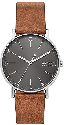 Skagen Herrenuhr Signatur, Dreizeiger Uhrwerk, 40mm Silbernes Edelstahlgehäuse mit Lederarmband, SKW6578
