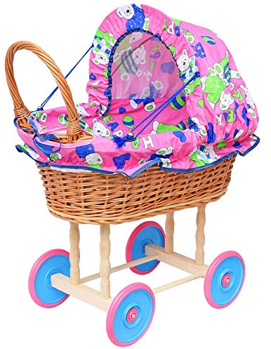 YULKA Puppenwagen aus Weide Holz Weidenwagen Kinderwagen Weidenpuppenwagen Verschiedene Motive (Rosa mit Teddybären)