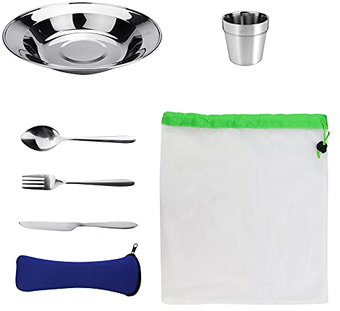 EMAGEREN 7 in 1 Campingbesteck Set Edelstahl Geschirrset Outdoor Reisebesteck Picknick Set Camping Werkzeuge, Essgeschirr runder Teller + 3-teiliges Besteck + Tasse + Bestecktasche + Netztasche