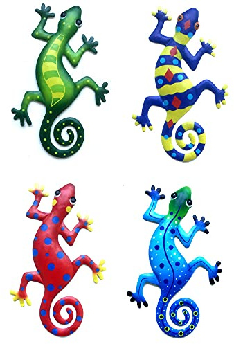 CENPEK 4 Stück Metall Gecko Wanddekoration Metall hängende Wandkunst Skulptur für drinnen und draußen Zuhause Schlafzimmer Wohnzimmer