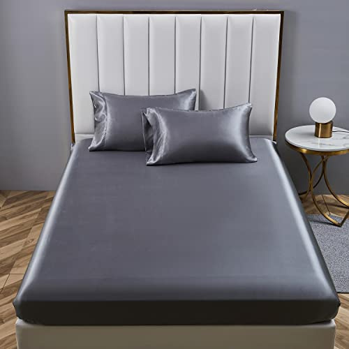 Boqingzhu Satin Spannbettlaken 90x200cm Grau Dunkelgrau Anthrazit Uni Seide Spannbetttuch Microfaser Bettlaken für bis 30cm Matraze
