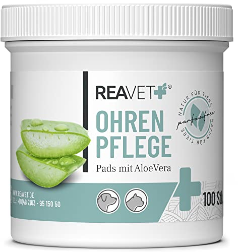 ReaVET Ohrenreiniger Hund & Katze 100 Stück – Ohrenpflege Pads Hund I Pflegeprodukt für Ohren, Reinigungstücher Hund, Besonders Milde & Schonende Reinigung mit Aloe Vera für Hunde und Katzen