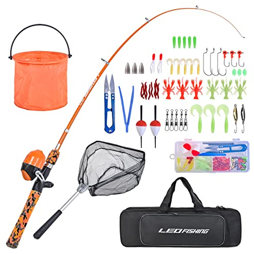 LEOFISHING Ensemble de canne à pêche pour enfants avec kit de démarrage complet, canne à pêche télescopique portable et moulinet Spincast avec un filet de pêche et un seau pour garçons, filles et