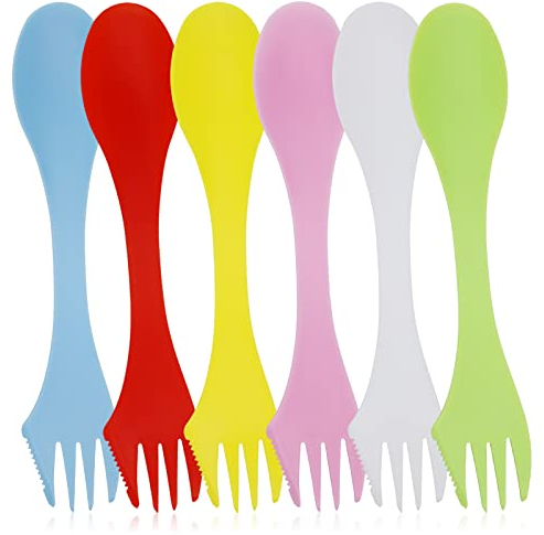 6 Stück Kunststoff-Göffel leicht und stark, alles in einem, Camping-Besteck, Löffel, Gabel, Messer-Set tragbar und wiederverwendbar, für Camping, für Rucksackreisen, Wandern im Freien