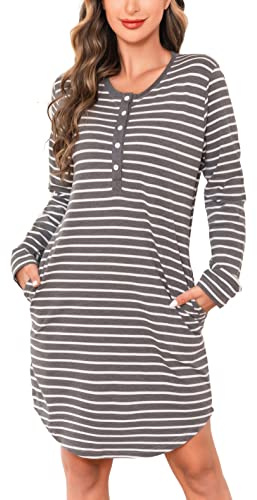 Vlazom Camicia da Notte da Donna Camicia da Notte Lunga da Donna in Cotone Manica Lunga a Righe Bottone Frontale con Tasca Abito da Notte da Donna,M,Grigio Scuro