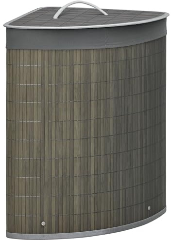 HOMCOM Panier à linge en bambou d'angle 55L avec couvercle et sac amovible 38 x 38 x 57 cm gris
