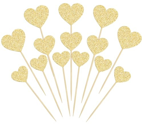 Gyufise 30Pcs Heart Cupcake Toppers Glitter Mixed Size Sweet Love Cupcake Picks Heart Cake Decorations Wedding Engagement Bridal Shower Birthday Valentine's Day Party Supplies Gold