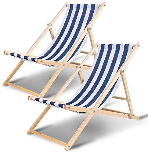 Ikodm Liegestuhl 2X Strandliege aus Holz mit Verstellbarer, Holzklappstuhl Rückenlehne für Strand und Garten - Sonnenliege mit 120 kg -Blaue und weiße Strandstuhl