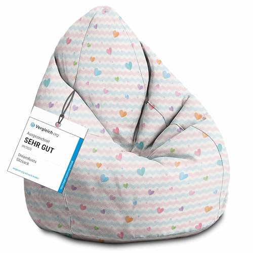 DreamRoots Sitzsack Kinder 80x80x120, Colorful Hearts | Bean Bag Kinder mit Lehne, Hocker & Bezug, Sitzkissen Boden, Bubibag, mit Füllung, Kinderzimmer
