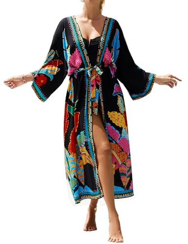 Bsubseach Kimono, bohemisk cover up för baddräkt, badmode, för kvinnor, strandduster, lång sommarkofta, svart