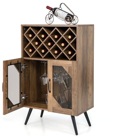 KOMFOTTEU Weinschrank für Küche, Buffetschrank mit herausnehmbarem Flaschenregal und Getränkehalter, Sideboard mit 2 Netztüren und Kippvorrichtung, Wein Schrank für Esszimmer, Wohnzimmer