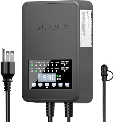 SUNVIE 200W Low Voltage Landscape Transformer with 2 Independent Control Output Landscape Lighting Transformer with Timer and Photocell Sensor 120V AC to 12/14V AC Weatherproof Low Voltage Transformer