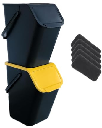 Go Practic 2-er Mülleimer-Set Küche Mülltrennsystem 2x Mülleimer 25l mit Deckel und 2-Pack Bioaktivkohlefilter Stapelbar CLICK-Funktion