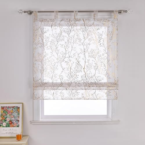 Joyswahl Moderne Raffrollo mit Schlaufen Raffgardinen Wohnzimmer Fenster Vorhänge Weiß Bändchenrollo Transparent Rollo Leinenoptik BxH 120x140cm Gold 1 Stück