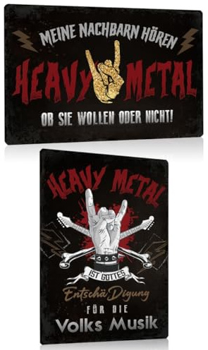 2er Set Retro Blechschild Heavy Metal 30x20cm - Rock Musik Metallschild mit Lustige Spruch - Meine Nachbarn hören Heavy Metal - Volksmusik - Schild Wanddeko Geschenk für Metal Fans Proberaum