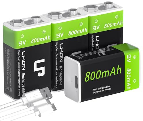LP 9V USB Rechargeable Batteries, 4 Pack 800mAh High Capacity 9 Volt Battery with Micro Charging Cable, 9V Li-ion Battery for Alarms, Wireless Microphones, Smoke Detectors, Flashlights, Guitar & More